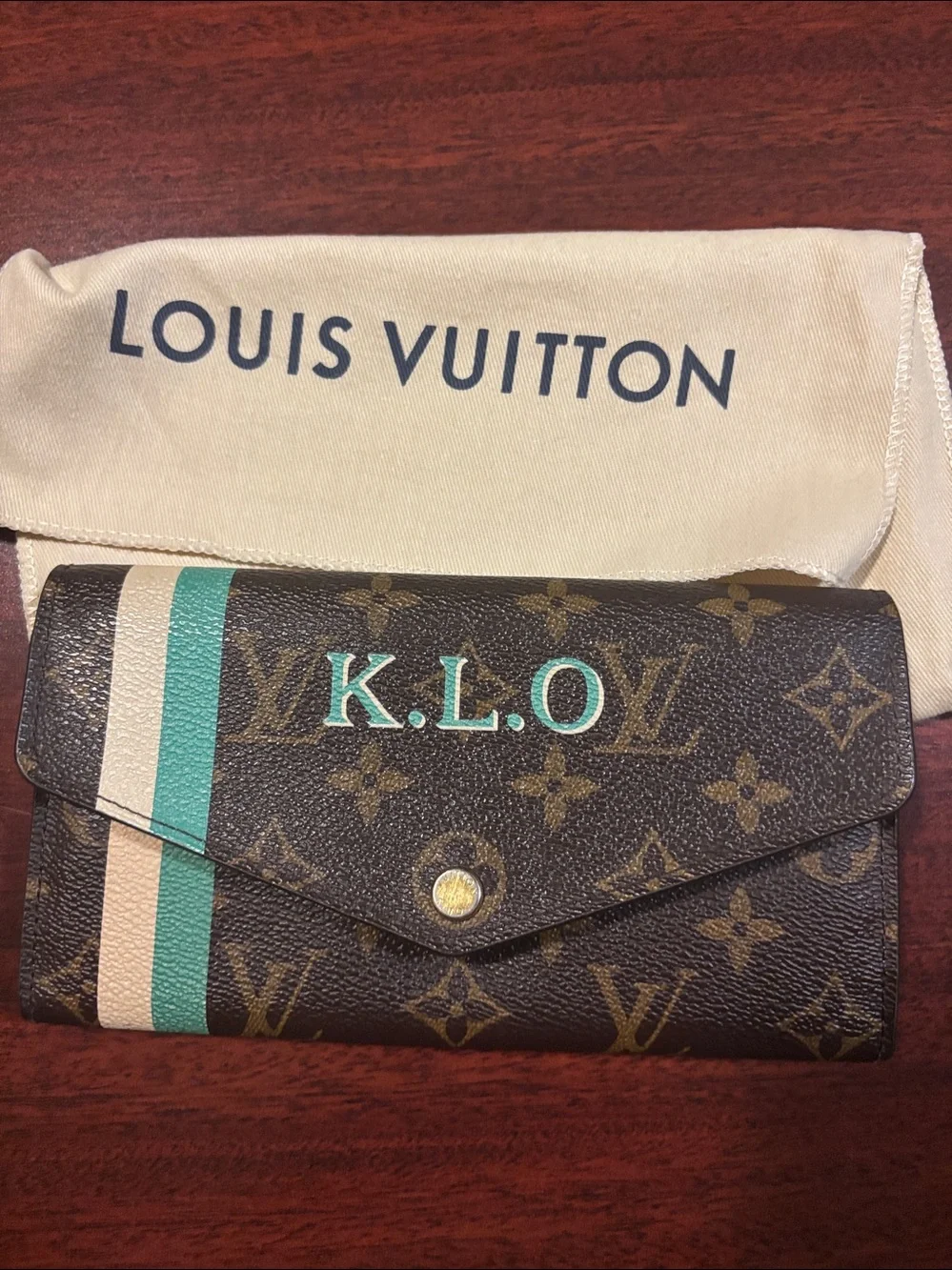 Louis Vuitton Brown Monogram Wallet with Green and Cream Stripes